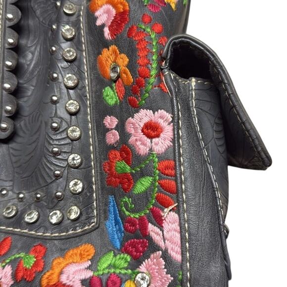Montana West Floral Embroidered Silver Studded Boho Western Handbag Purse - Picture 4 of 13